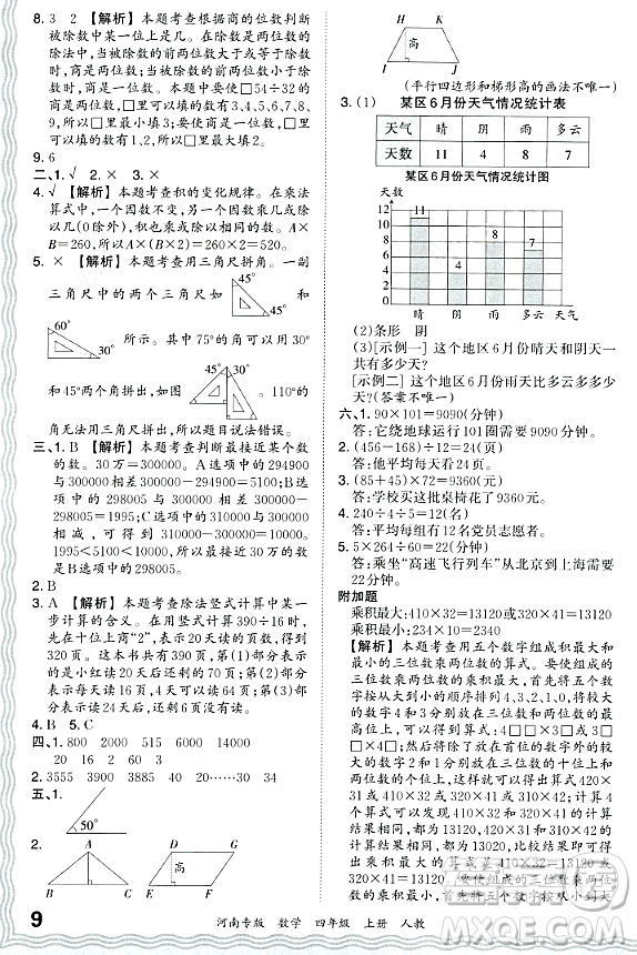 江西人民出版社2023年秋王朝霞各地期末試卷精選四年級(jí)數(shù)學(xué)上冊(cè)人教版河南專版答案