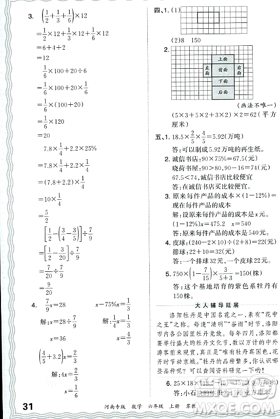 江西人民出版社2023年秋王朝霞各地期末試卷精選六年級(jí)數(shù)學(xué)上冊(cè)蘇教版河南專版答案