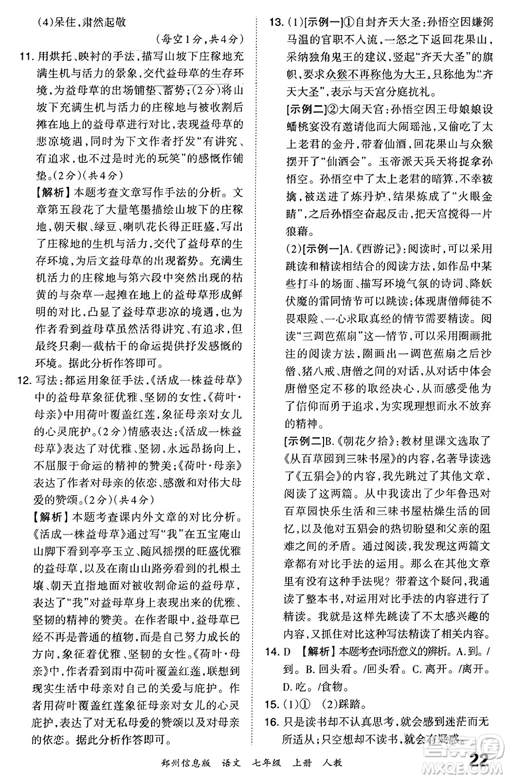 江西人民出版社2023年秋王朝霞期末真題精編七年級(jí)語文上冊(cè)人教版河南專版答案
