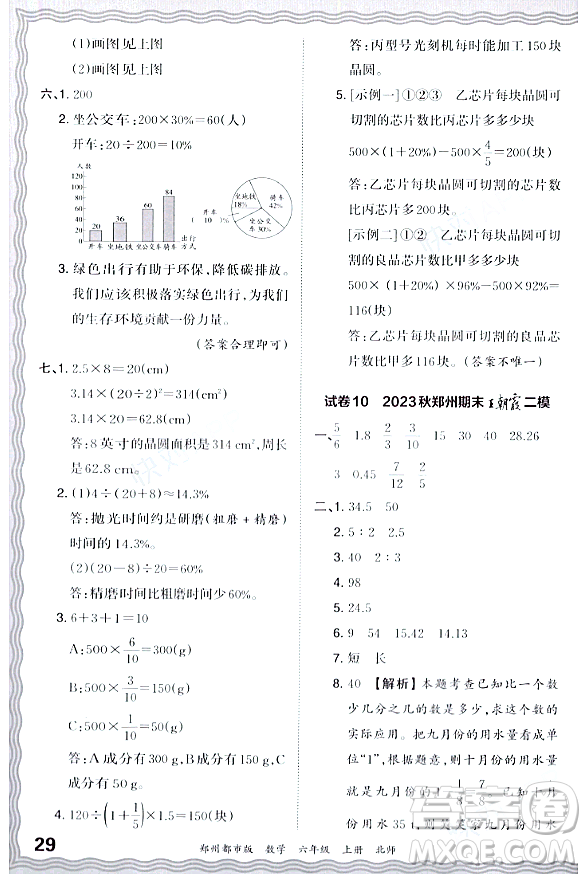 江西人民出版社2023年秋王朝霞期末真題精編六年級(jí)數(shù)學(xué)上冊(cè)北師大版鄭州專版答案