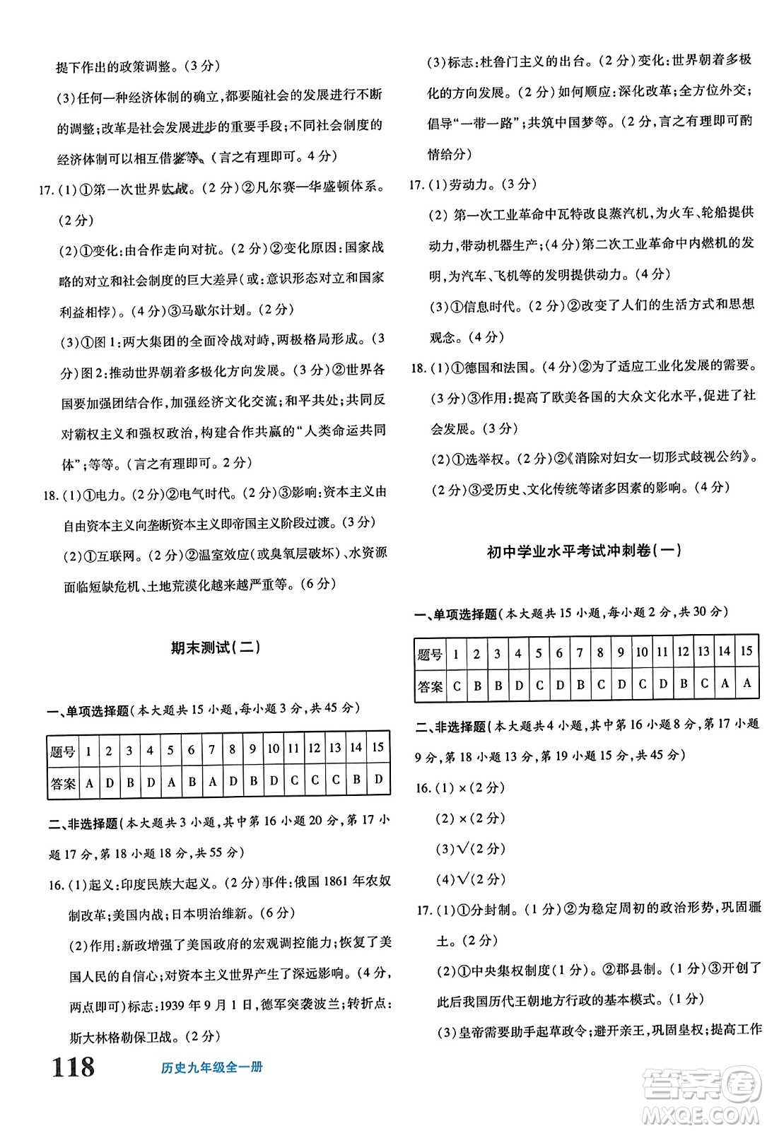 新疆青少年出版社2023年秋優(yōu)學1+1評價與測試九年級歷史全一冊通用版答案