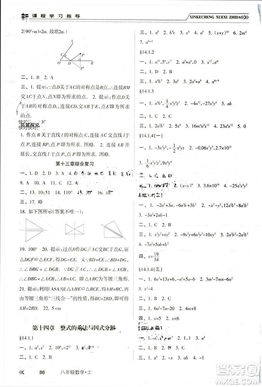 南方出版社2023年秋新課程學(xué)習(xí)指導(dǎo)八年級(jí)數(shù)學(xué)上冊(cè)人教版參考答案