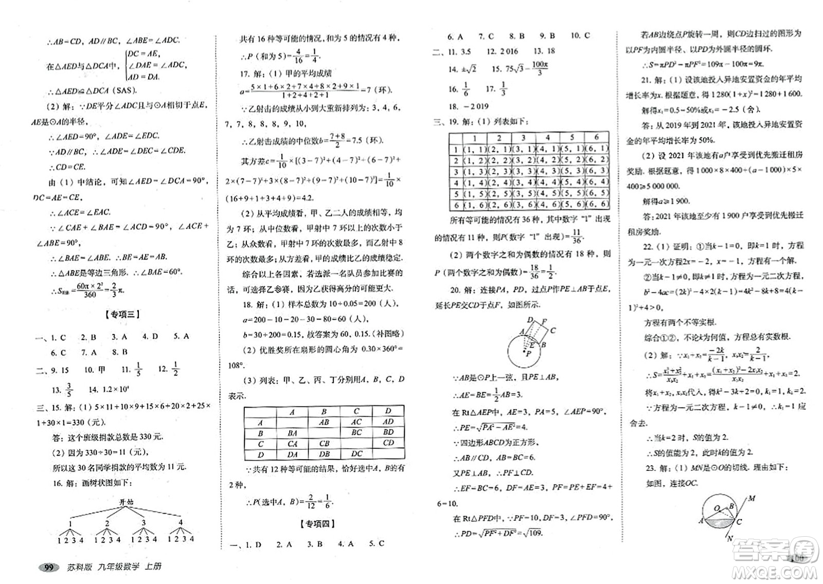 長春出版社2023年秋聚能闖關(guān)100分期末復(fù)習(xí)沖刺卷九年級數(shù)學(xué)上冊蘇科版答案