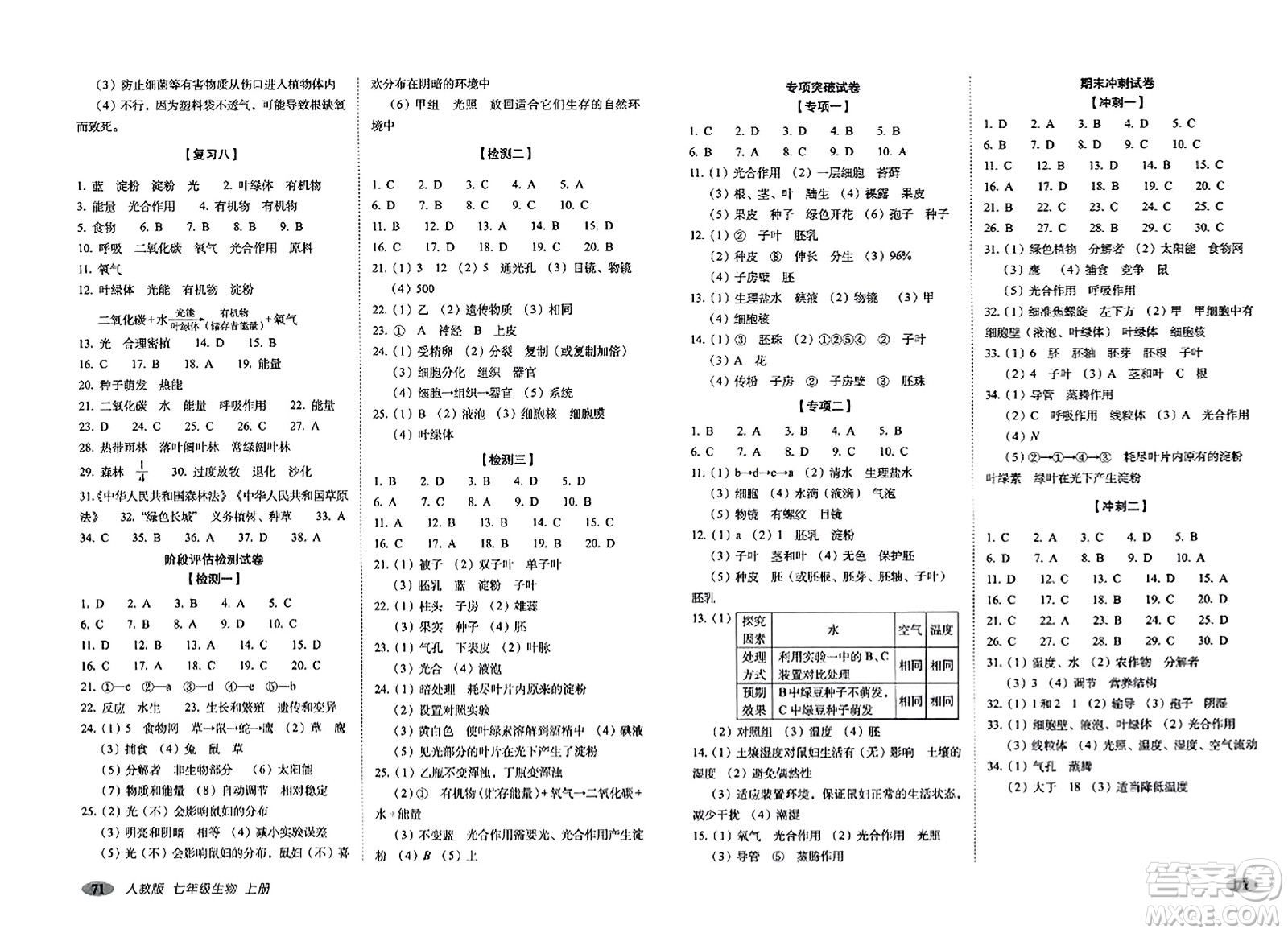 長春出版社2023年秋聚能闖關(guān)100分期末復(fù)習(xí)沖刺卷七年級生物上冊人教版答案
