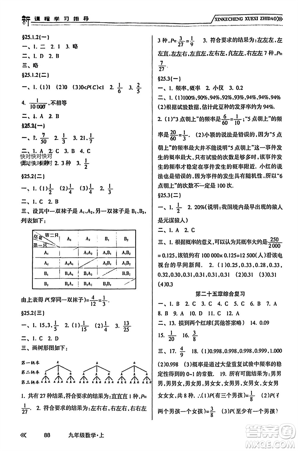 南方出版社2023年秋新課程學習指導九年級數(shù)學上冊人教版參考答案