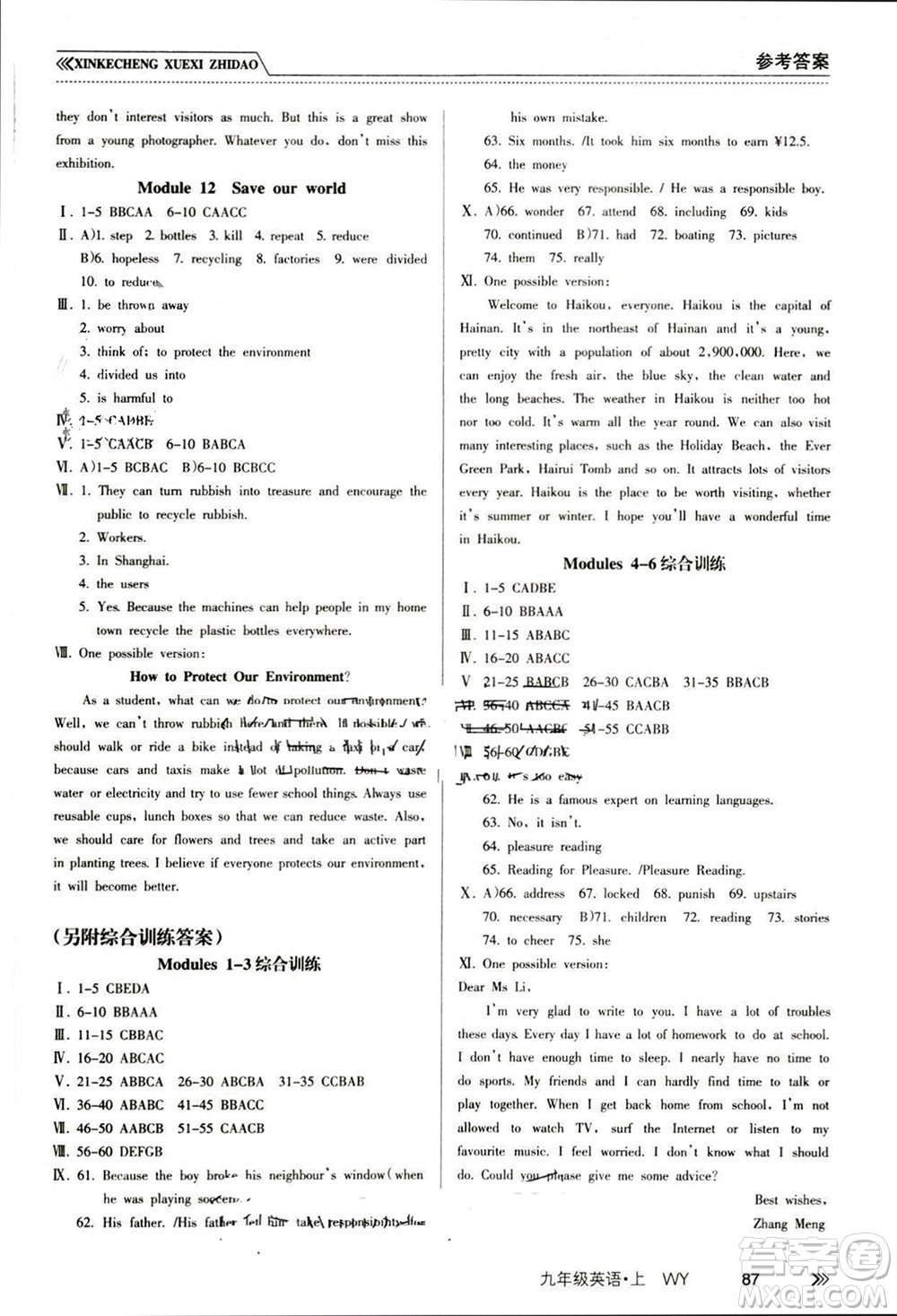 南方出版社2023年秋新課程學(xué)習(xí)指導(dǎo)九年級(jí)英語上冊(cè)外研版參考答案