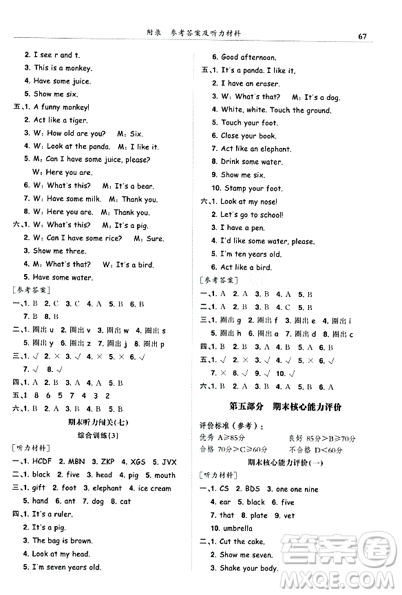 龍門書局2023年秋黃岡小狀元滿分沖刺微測驗(yàn)期末復(fù)習(xí)專用三年級英語上冊人教PEP版答案