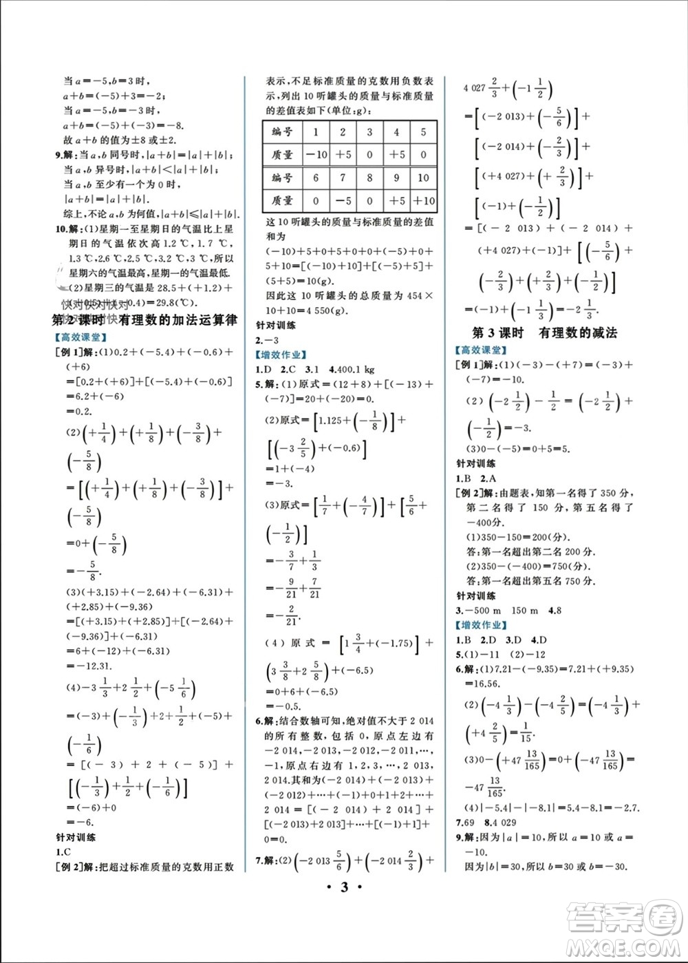 人民教育出版社2023年秋人教金學(xué)典同步解析與測評七年級數(shù)學(xué)上冊人教版重慶專版參考答案