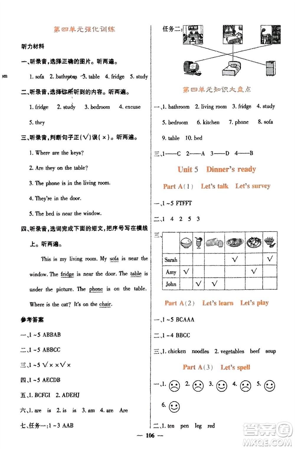 四川大學(xué)出版社2023年秋課堂點(diǎn)睛四年級(jí)英語上冊人教版參考答案