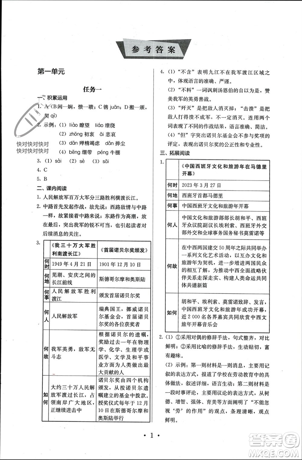 人民教育出版社2023年秋人教金學(xué)典同步解析與測評八年級語文上冊人教版參考答案