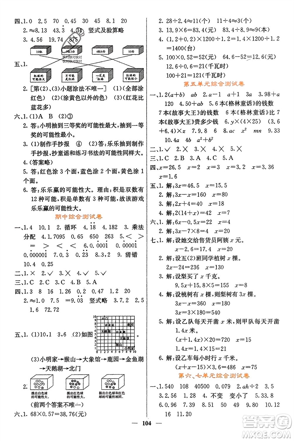 四川大學出版社2023年秋課堂點睛五年級數(shù)學上冊人教版湖南專版參考答案