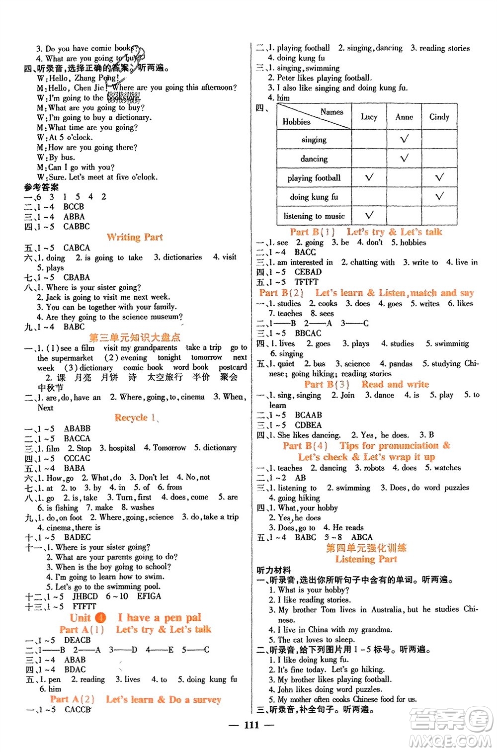 四川大學(xué)出版社2023年秋課堂點(diǎn)睛六年級(jí)英語(yǔ)上冊(cè)人教版參考答案