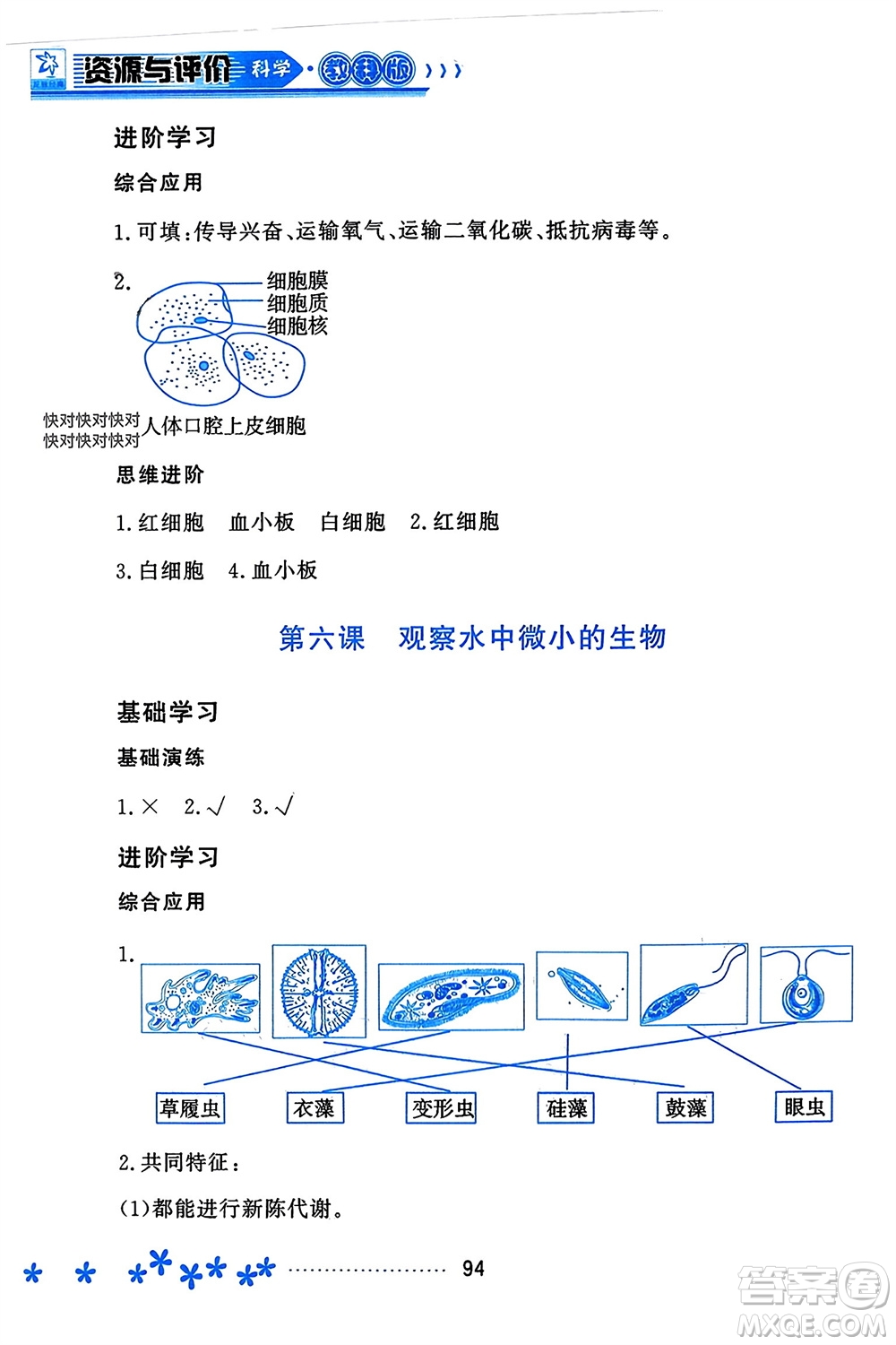 黑龍江教育出版社2023年秋資源與評價六年級科學(xué)上冊教科版參考答案