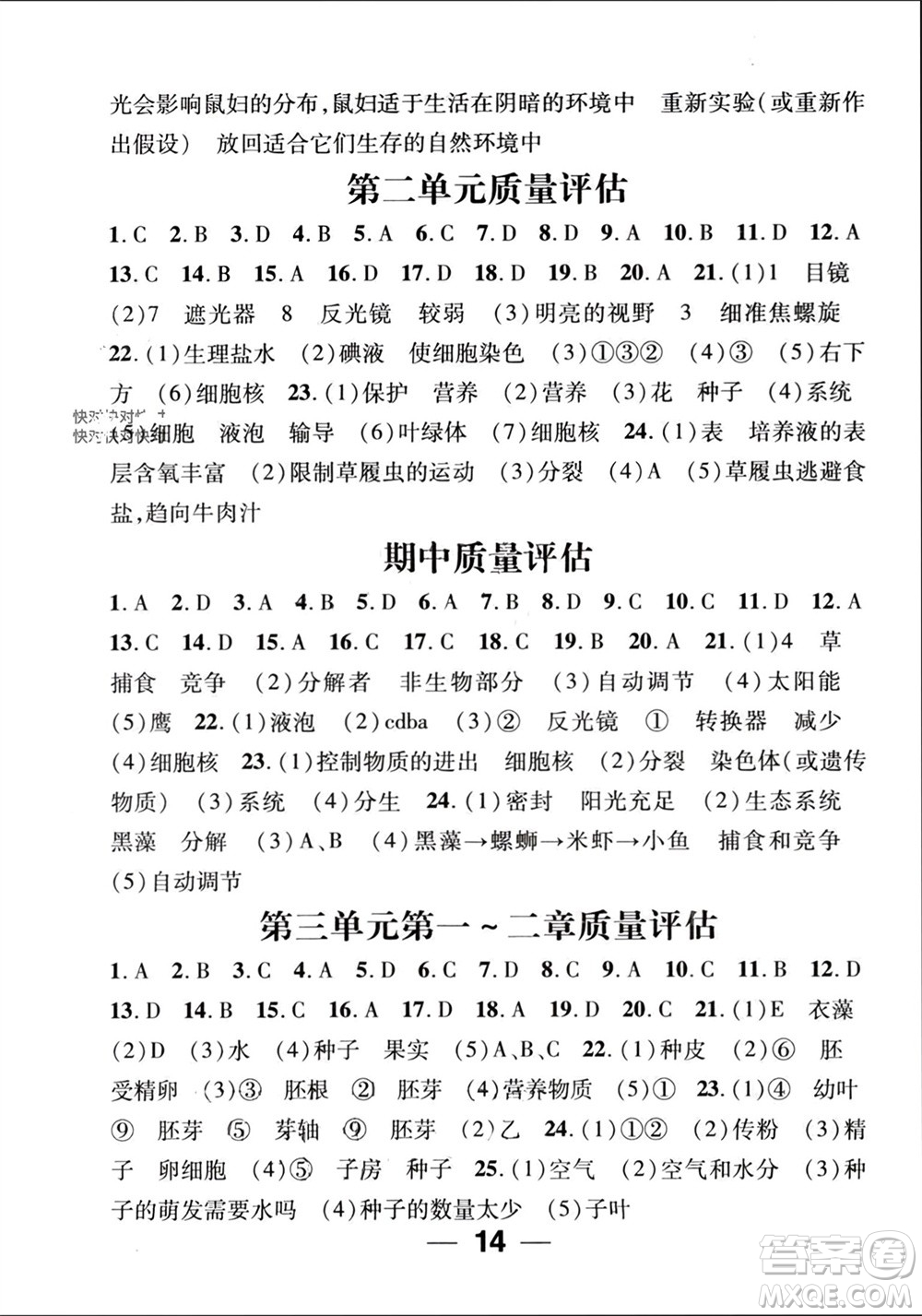 江西教育出版社2023年秋精英新課堂三點分層作業(yè)七年級生物上冊人教版參考答案