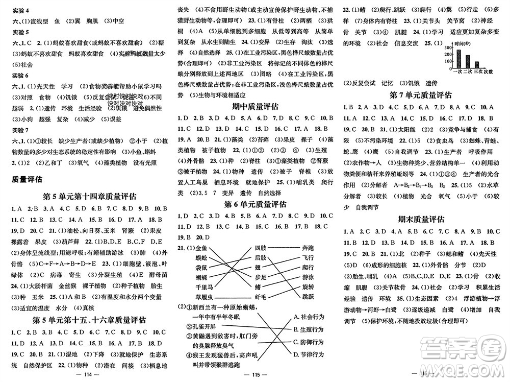 陽光出版社2023年秋精英新課堂三點分層作業(yè)八年級生物上冊蘇教版參考答案