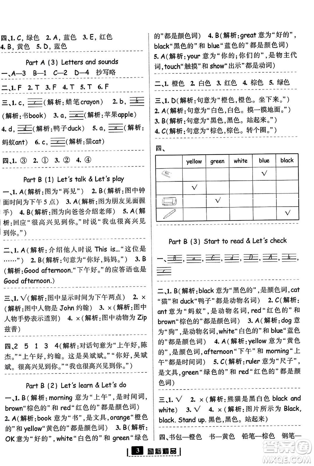 延邊人民出版社2023年秋勵(lì)耘書業(yè)勵(lì)耘新同步三年級英語上冊人教版答案
