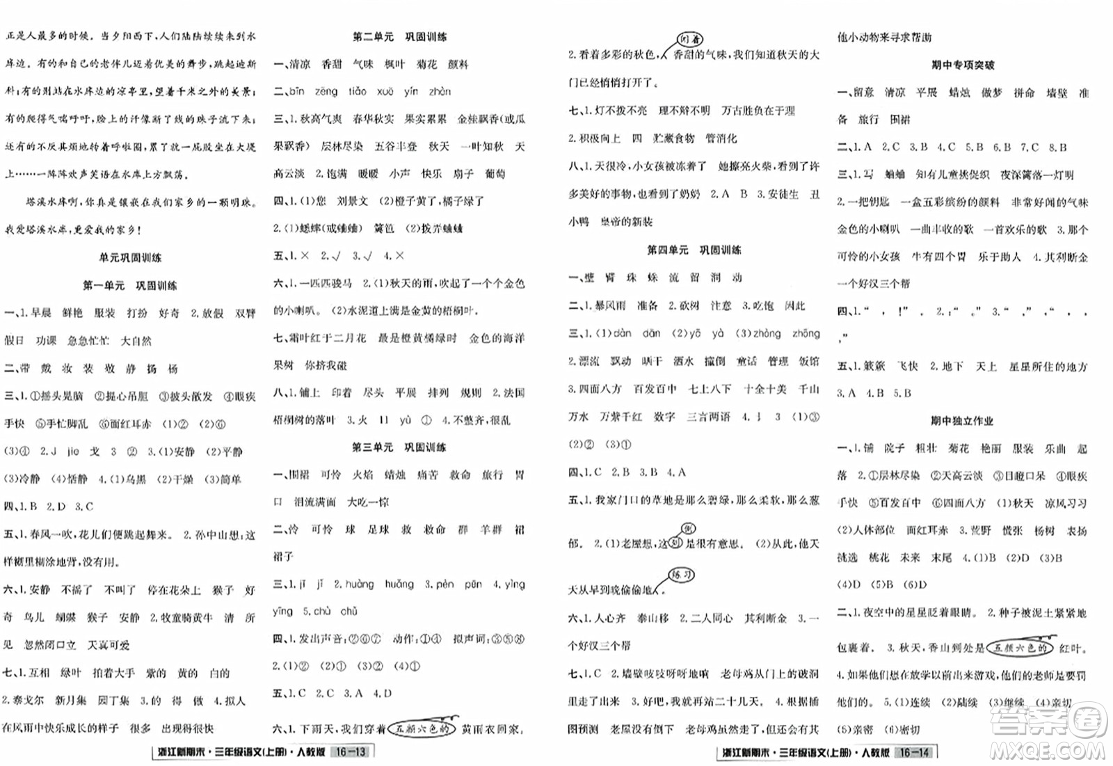 延邊人民出版社2023年秋浙江新期末三年級(jí)語文上冊(cè)人教版浙江專版答案