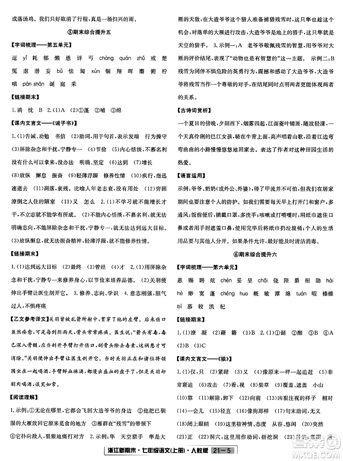 延邊人民出版社2023年秋浙江新期末七年級(jí)語文上冊(cè)人教版浙江專版答案