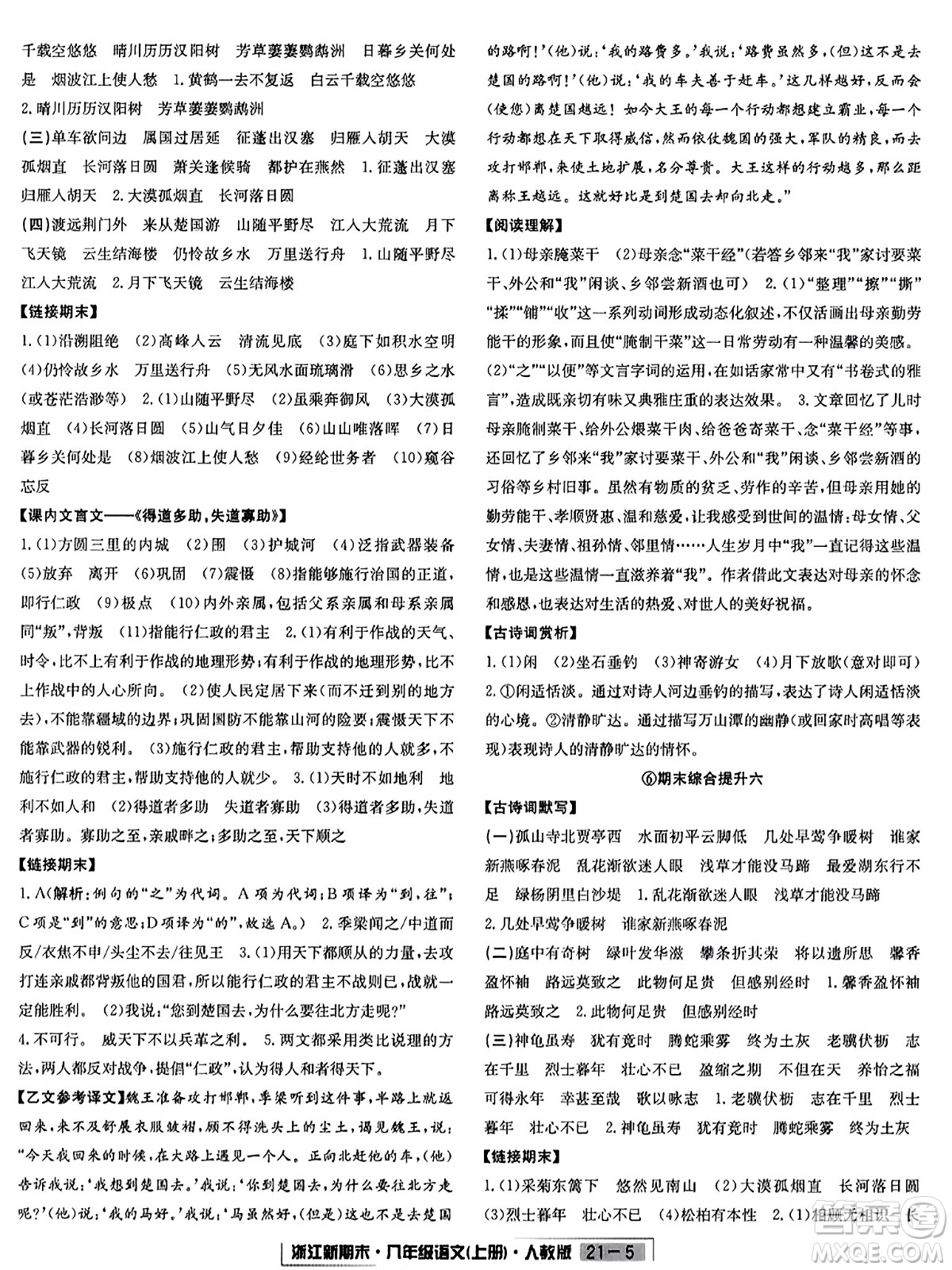 延邊人民出版社2023年秋浙江新期末八年級(jí)語文上冊(cè)人教版浙江專版答案