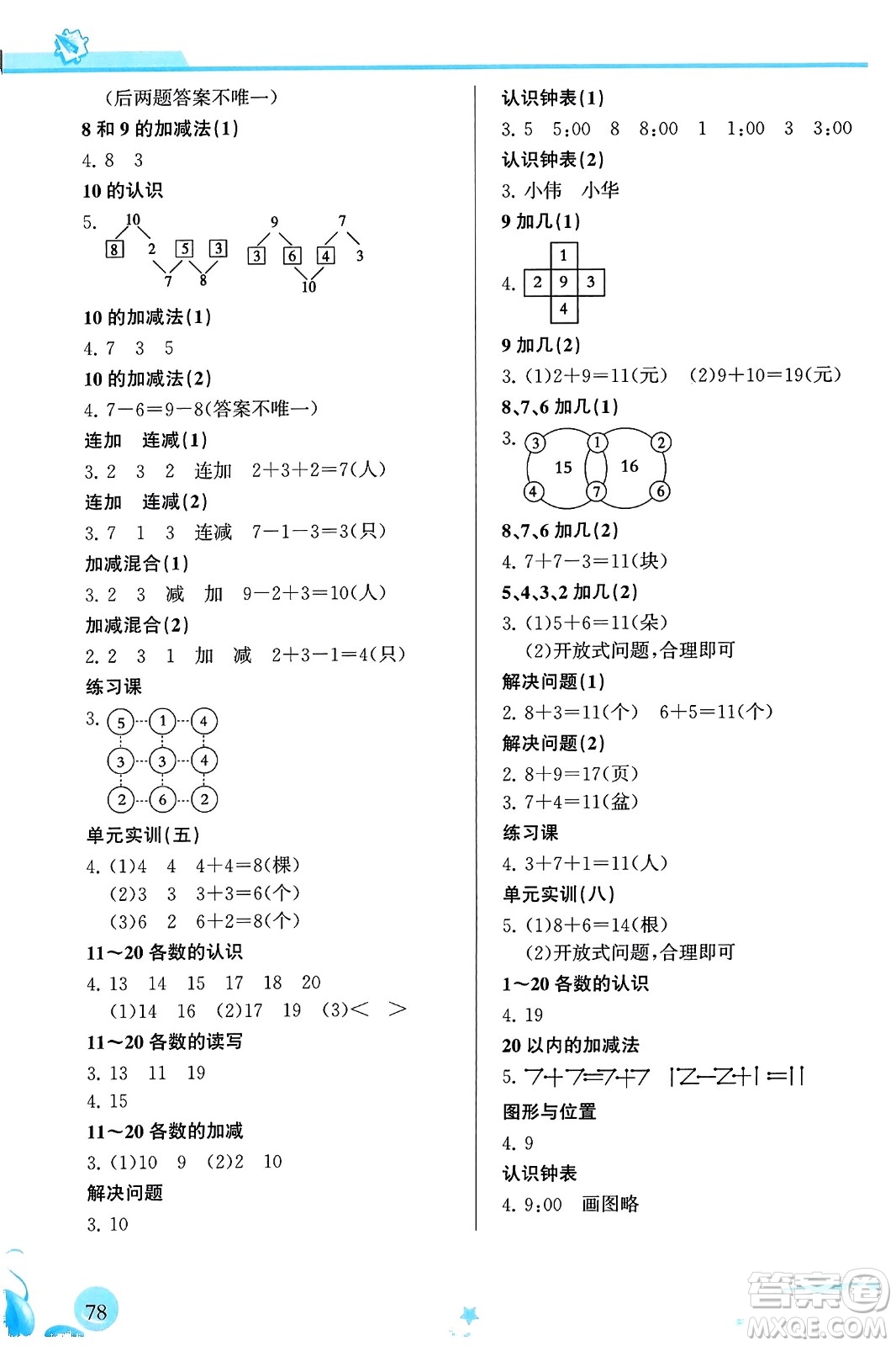 福建教育出版社2023年秋小學(xué)生學(xué)習(xí)指導(dǎo)叢書一年級(jí)數(shù)學(xué)上冊(cè)人教版答案