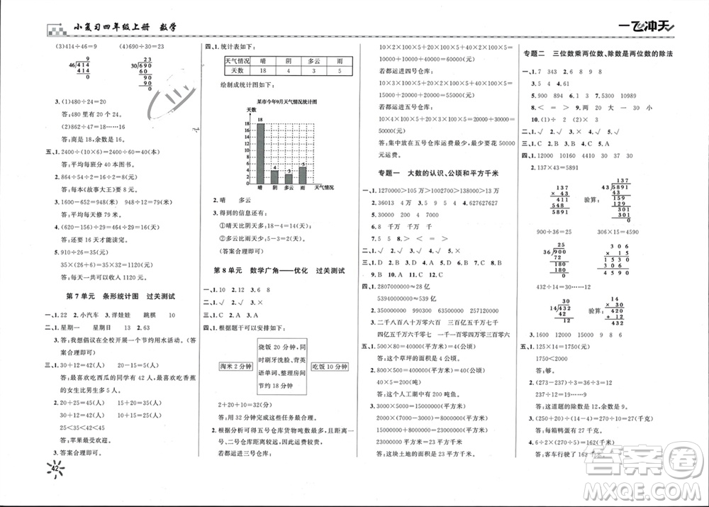 天津人民出版社2023年秋一飛沖天小復(fù)習(xí)四年級數(shù)學(xué)上冊通用版參考答案