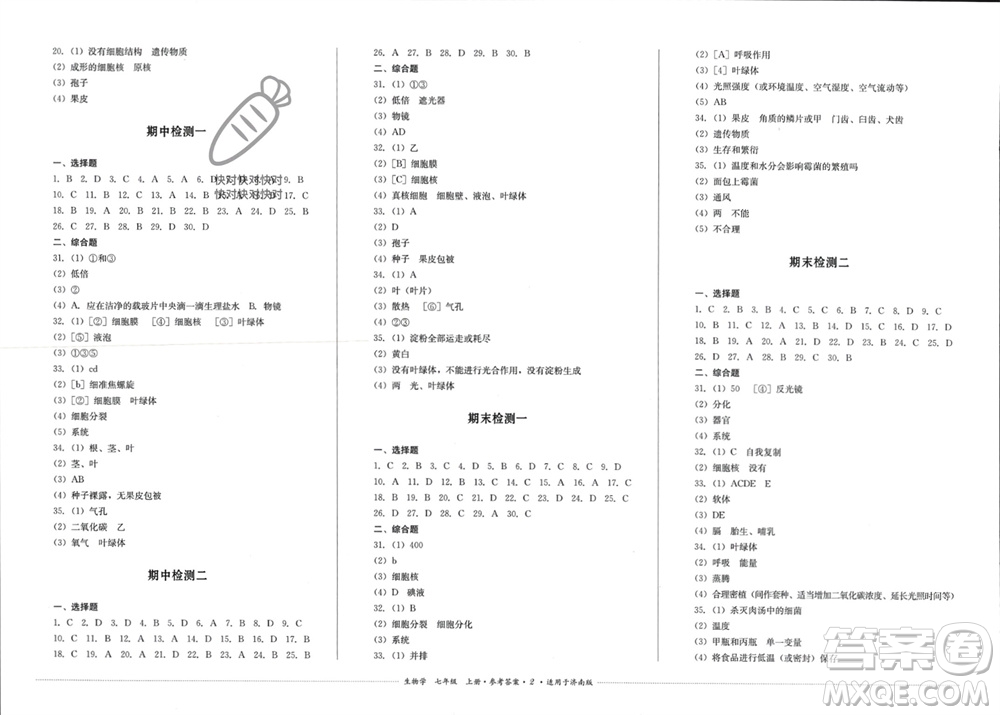 四川教育出版社2023年秋學(xué)情點評七年級生物上冊濟(jì)南版參考答案