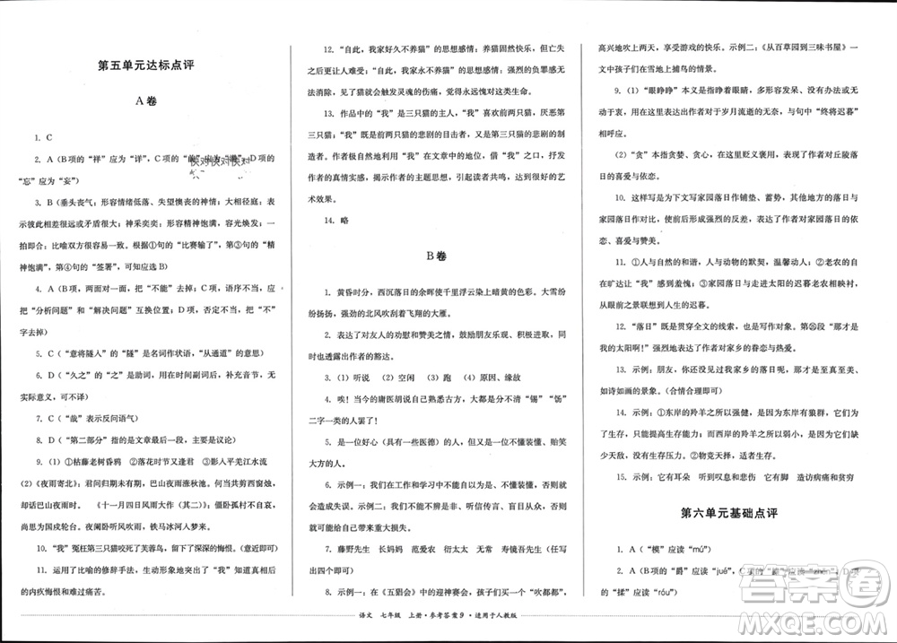 四川教育出版社2023年秋學(xué)情點(diǎn)評(píng)七年級(jí)語(yǔ)文上冊(cè)人教版參考答案