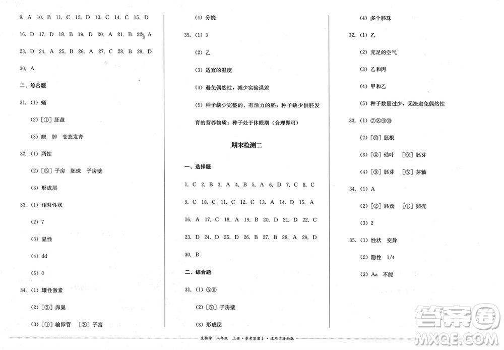 四川教育出版社2023年秋學情點評八年級生物上冊濟南版參考答案