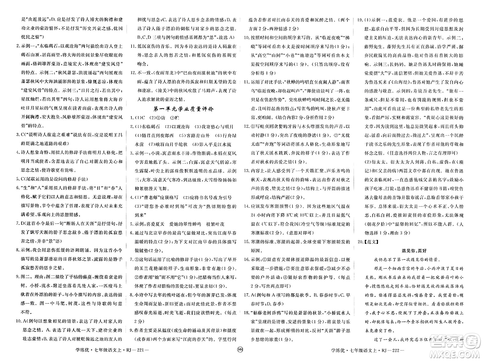 延邊大學(xué)出版社2023年秋學(xué)練優(yōu)七年級(jí)語(yǔ)文上冊(cè)人教版河南專(zhuān)版答案