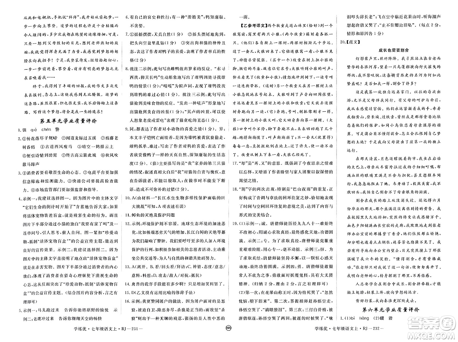 延邊大學(xué)出版社2023年秋學(xué)練優(yōu)七年級(jí)語(yǔ)文上冊(cè)人教版河南專(zhuān)版答案