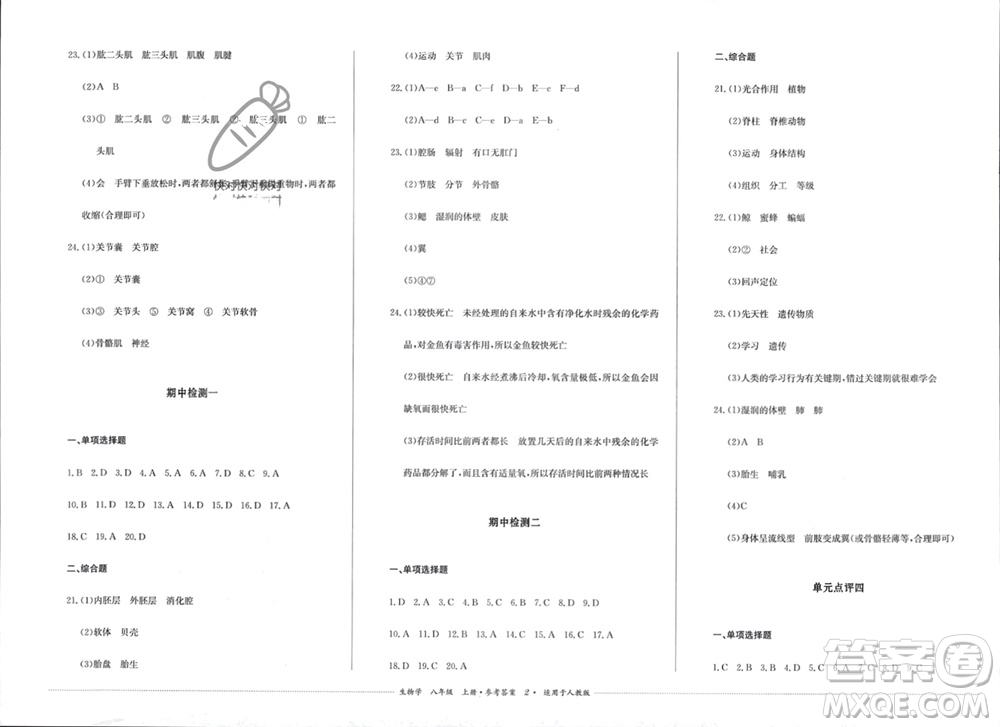 四川教育出版社2023年秋學(xué)情點評八年級生物上冊人教版參考答案