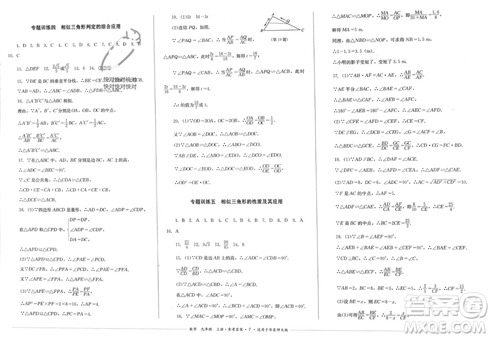 四川教育出版社2023年秋學(xué)情點(diǎn)評九年級數(shù)學(xué)上冊華東師大版參考答案