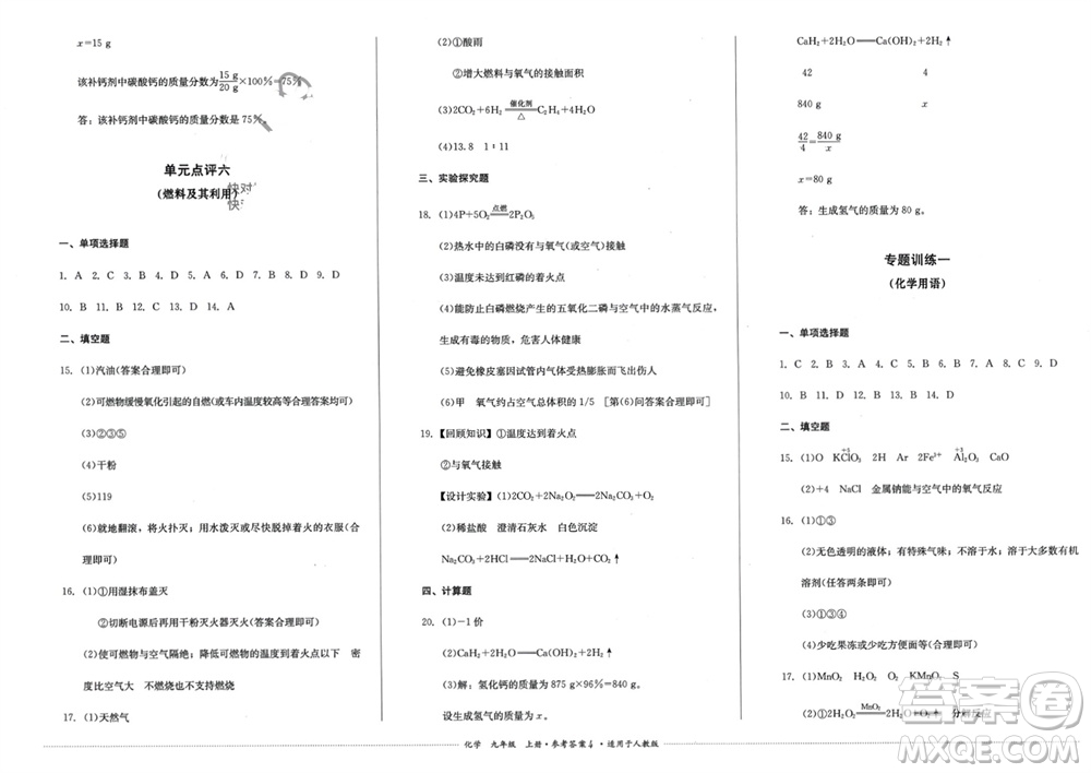 四川教育出版社2023年秋學(xué)情點(diǎn)評(píng)九年級(jí)化學(xué)上冊(cè)人教版參考答案