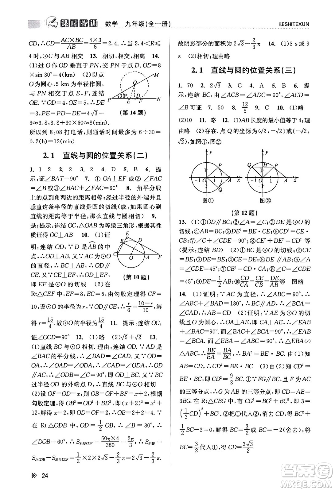 浙江人民出版社2023年秋課時特訓(xùn)九年級數(shù)學(xué)全一冊浙教版答案