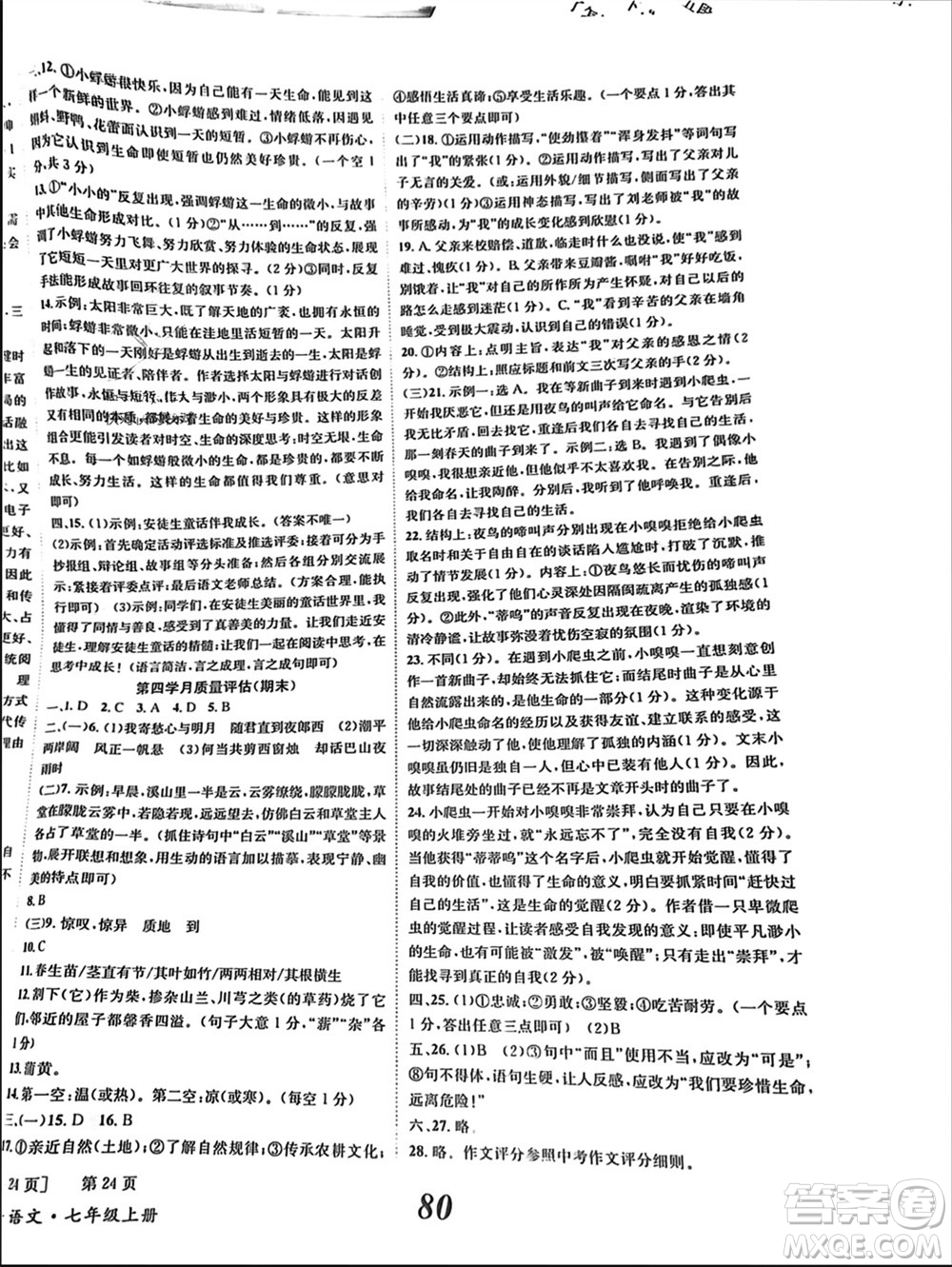 北京時代華文書局2023年秋全效學(xué)習(xí)學(xué)業(yè)評價方案七年級語文上冊人教版參考答案