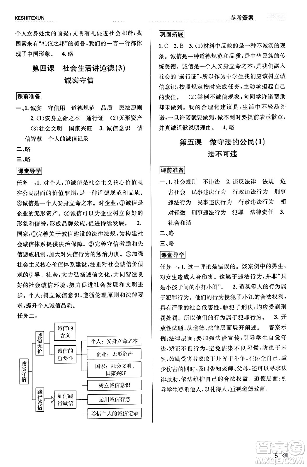 浙江人民出版社2023年秋課時特訓(xùn)八年級道德與法治上冊通用版答案