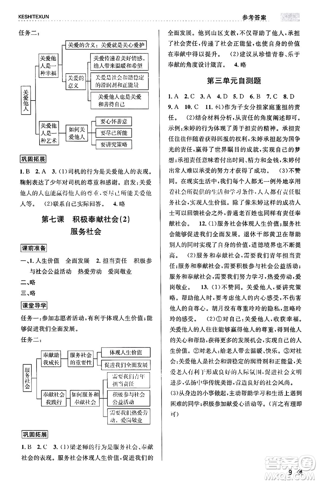 浙江人民出版社2023年秋課時特訓(xùn)八年級道德與法治上冊通用版答案