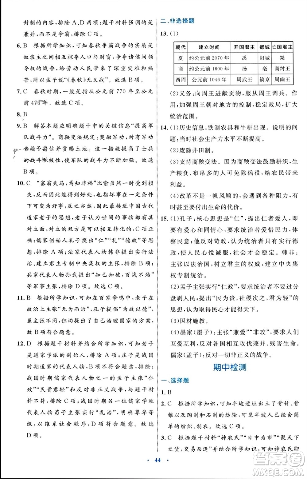 內(nèi)蒙古教育出版社2023年秋初中同步學(xué)習(xí)目標(biāo)與檢測七年級歷史上冊人教版參考答案