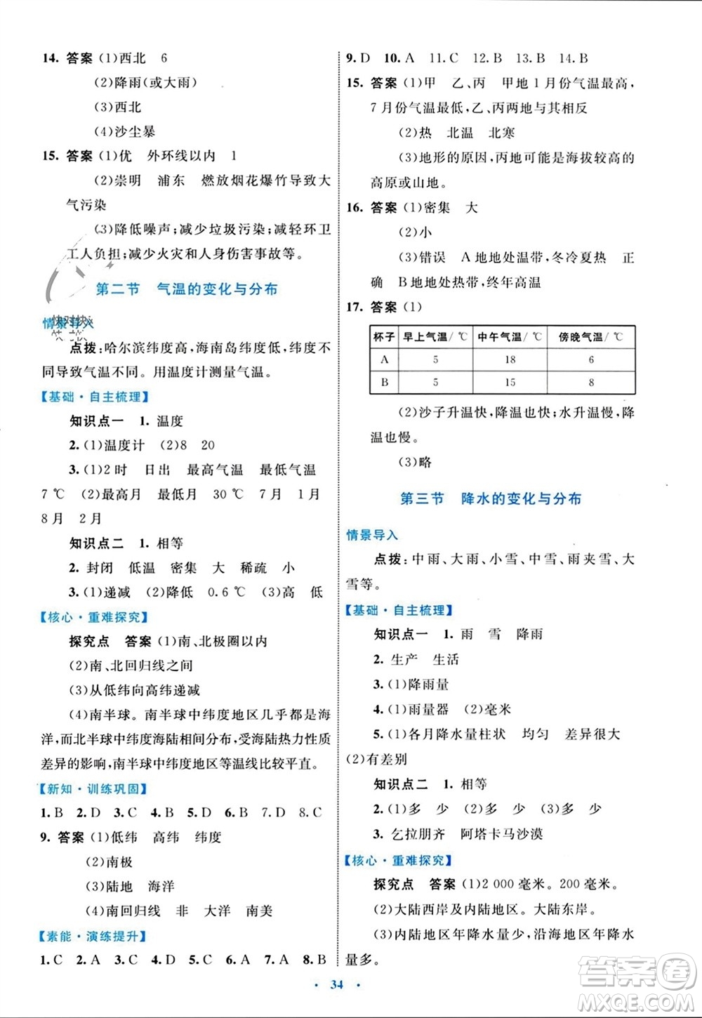 內(nèi)蒙古教育出版社2023年秋初中同步學(xué)習(xí)目標(biāo)與檢測(cè)七年級(jí)地理上冊(cè)人教版參考答案