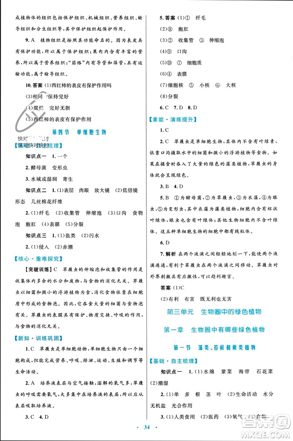 內(nèi)蒙古教育出版社2023年秋初中同步學(xué)習(xí)目標(biāo)與檢測(cè)七年級(jí)生物上冊(cè)人教版參考答案
