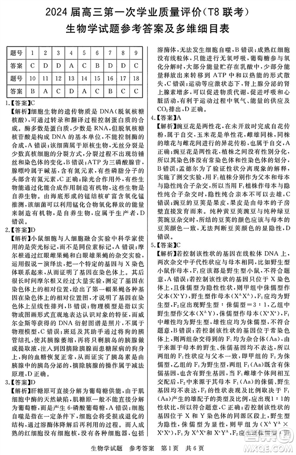 T8聯(lián)考2024屆高三上學(xué)期第一次學(xué)業(yè)質(zhì)量評價生物參考答案