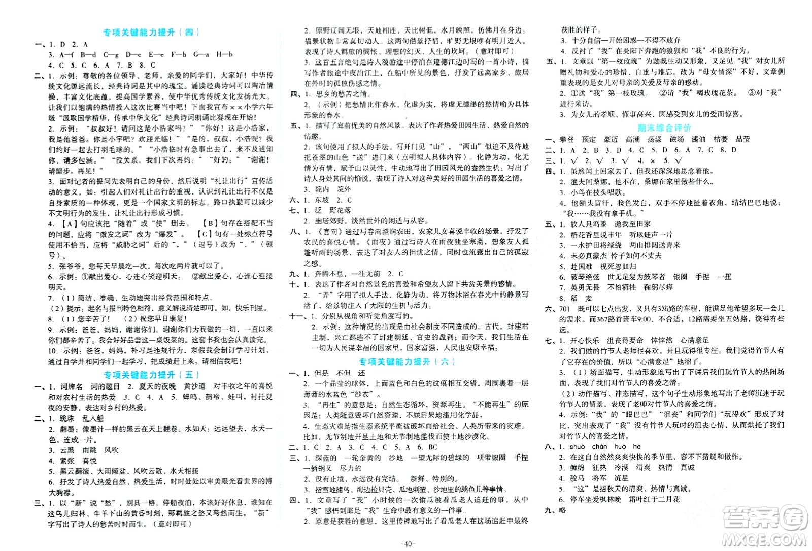 湖南教育出版社2023年秋學(xué)科素養(yǎng)與能力提升六年級(jí)語(yǔ)文上冊(cè)通用版答案