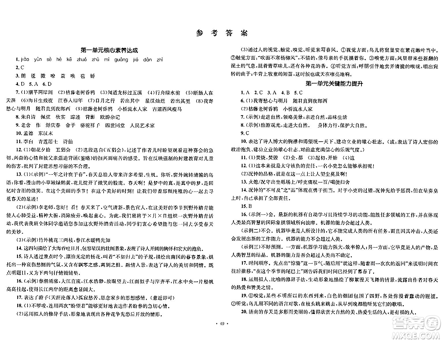 湖南教育出版社2023年秋學(xué)科素養(yǎng)與能力提升七年級(jí)語(yǔ)文上冊(cè)人教版答案