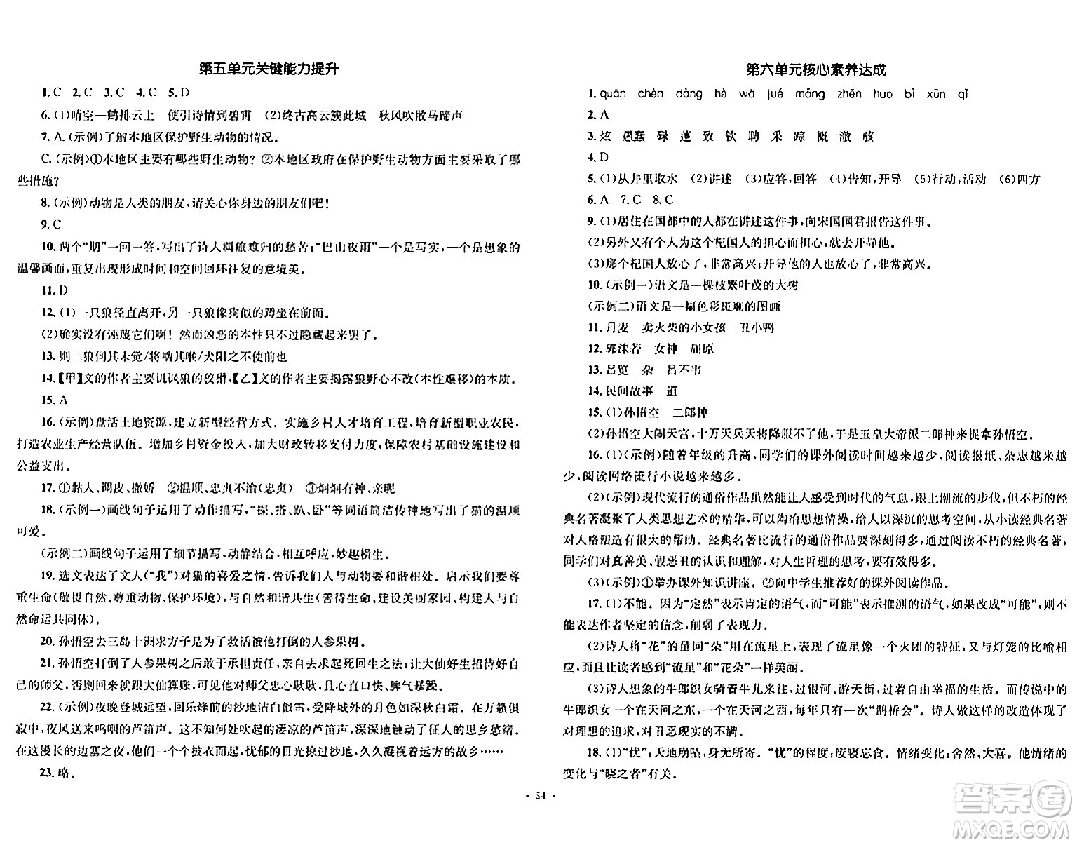 湖南教育出版社2023年秋學(xué)科素養(yǎng)與能力提升七年級(jí)語(yǔ)文上冊(cè)人教版答案