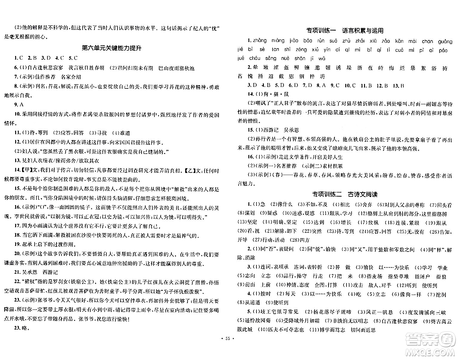 湖南教育出版社2023年秋學(xué)科素養(yǎng)與能力提升七年級(jí)語(yǔ)文上冊(cè)人教版答案