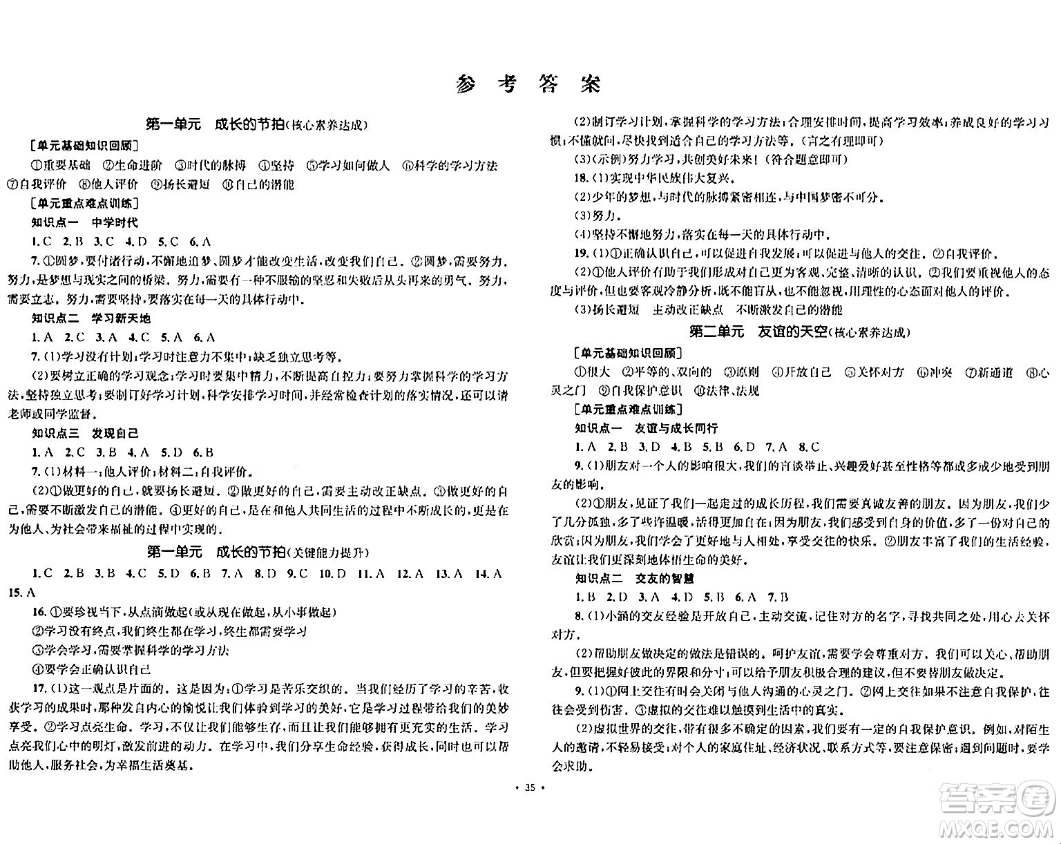 湖南教育出版社2023年秋學(xué)科素養(yǎng)與能力提升七年級(jí)道德與法治上冊(cè)人教版答案