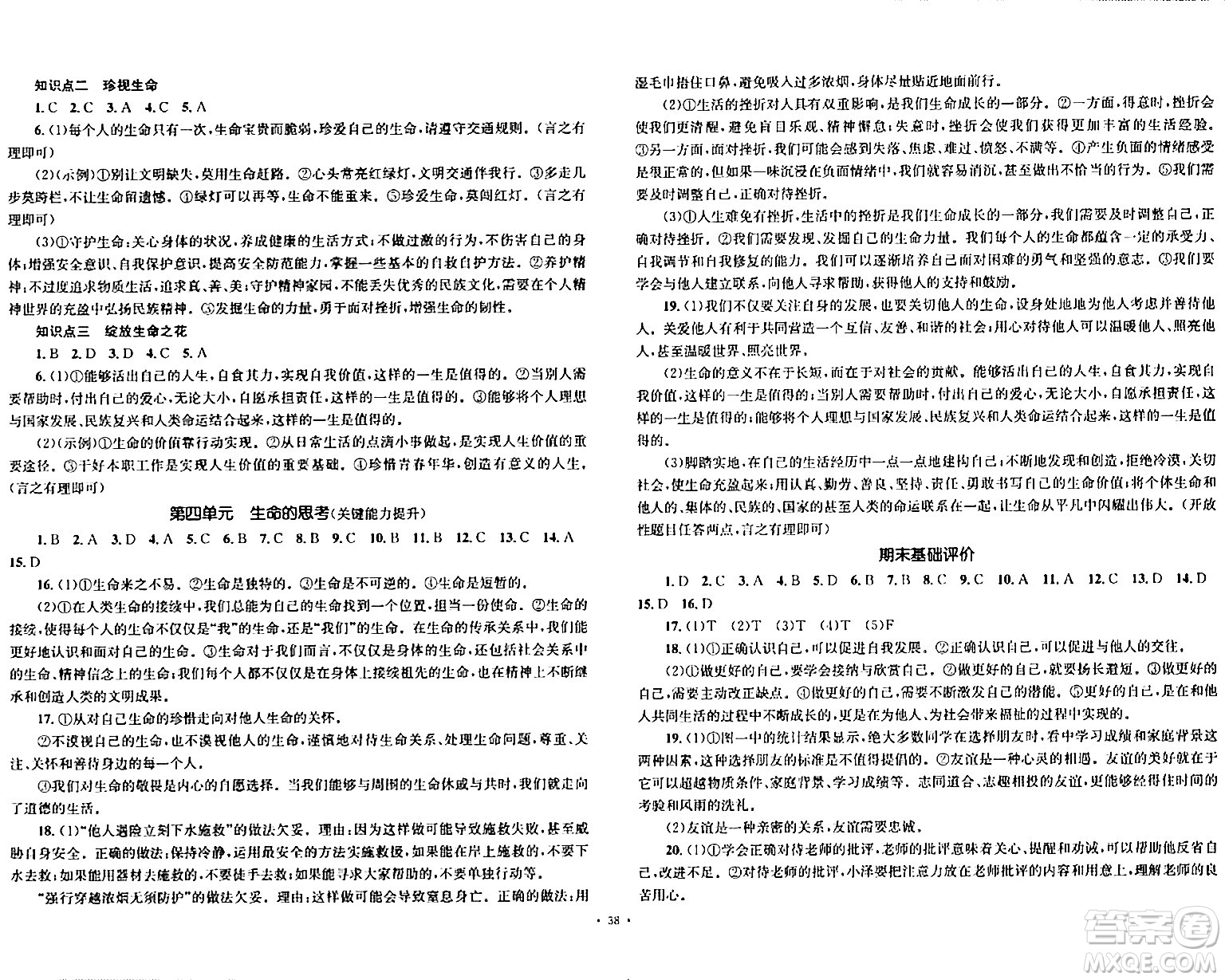 湖南教育出版社2023年秋學(xué)科素養(yǎng)與能力提升七年級(jí)道德與法治上冊(cè)人教版答案