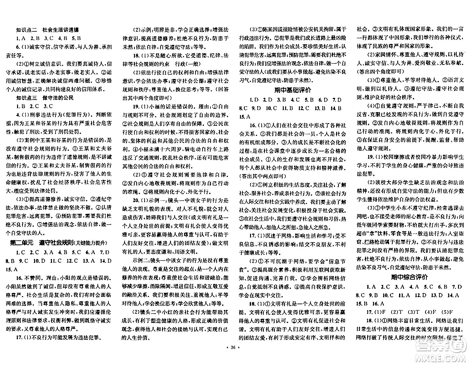 湖南教育出版社2023年秋學(xué)科素養(yǎng)與能力提升八年級道德與法治上冊人教版答案