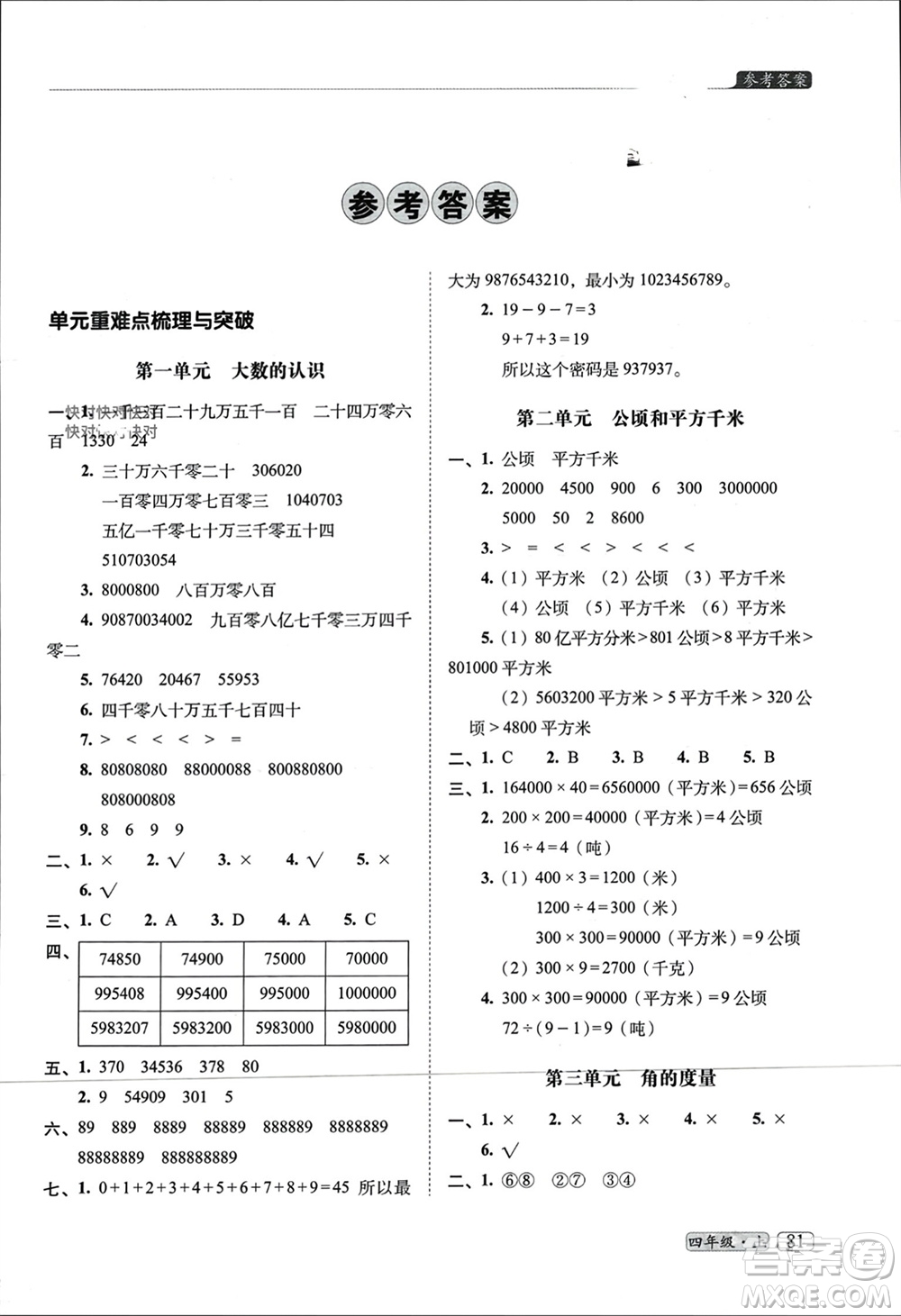 長春出版社2023年秋68所助學(xué)叢書小學(xué)名校期末考試真題真卷精編四年級數(shù)學(xué)上冊人教版參考答案
