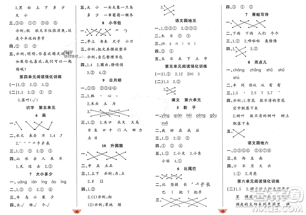 新疆青少年出版社2023年秋原創(chuàng)新課堂一年級語文上冊人教版參考答案